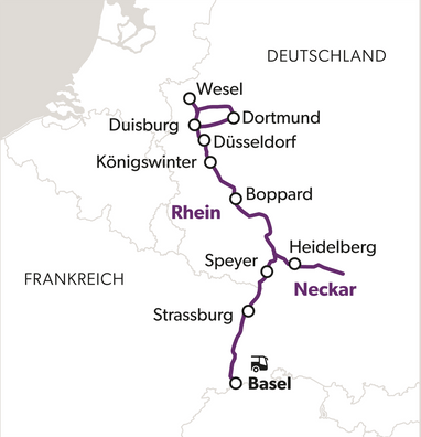 Karte mit einer Zugstrecke durch Deutschland und Frankreich, Stationen markiert.