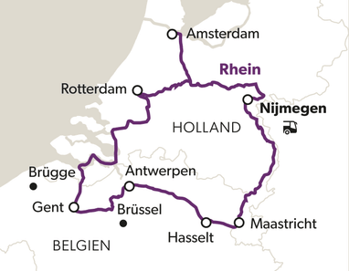 kunst-und-architektur-in-flandern-5.jpg Karte mit Reiseroute durch Holland und Belgien, Städte markiert.