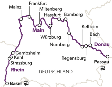 Karte der Rhein-Main-Donau-Route mit Städten.
