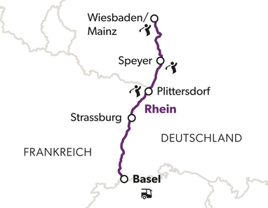Karte mit Rheinfluss von Basel bis Wiesbaden/Mainz, markierte Städte.