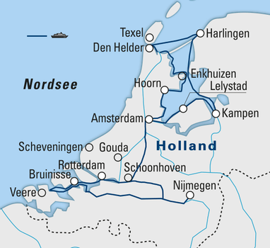 Karte von Holland mit Städten und Fährverbindung.