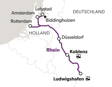 Karte mit Route von Amsterdam nach Ludwigshafen über Düsseldorf und Koblenz.