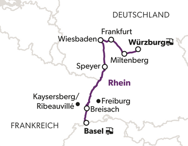 Karte mit markierten Städten und einer Reiseroute in Europa.