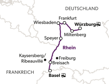 rheingau-und-frankenland-8.png Karte mit markierten Städten und einer Reiseroute in Europa.