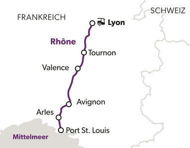 architektur-und-kunst-suedfrankreichs-6.jpg Karte der Rhône in Frankreich mit Städten von Lyon bis Port St. Louis.