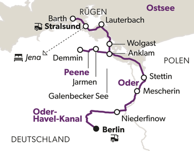 zu-den-kranichzuegen-an-der-ostseekueste-9.jpg Karte von Deutschland, zeigt Route von Berlin über Stralsund bis Rügen mit wichtigen Städten wie Jena, Stettin und Anklam.