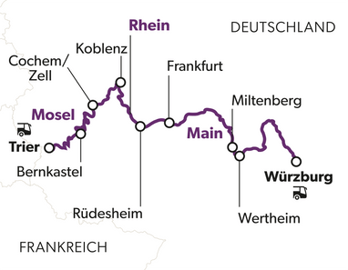 Karte der Weinstrasse durch Deutschland mit Städten und Flüssen Rhein und Main.