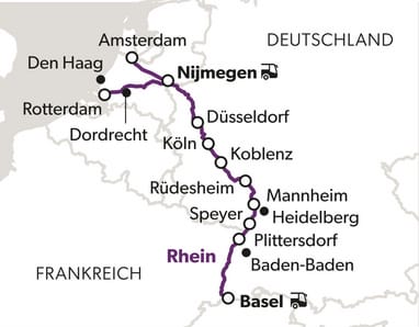 Karte mit Zugstrecke durch Städte in Deutschland und den Niederlanden.
