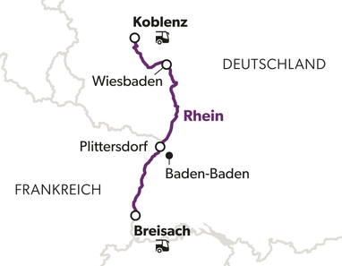 Karte der Rheinstrecke von Koblenz nach Breisach, Deutschland.