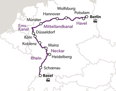 Karte der Wasserstrassenroute von Basel nach Berlin mit markierten Städten.