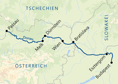 Karte des Donauradwegs von Passau nach Budapest mit markierten Städten.