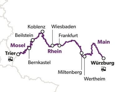 Karte mit Orten entlang der Mosel und des Rheins.