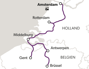 Karte mit einer Route von Amsterdam nach Brüssel durch Holland und Belgien.