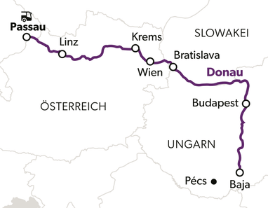 Karte der Donau-Route durch Österreich und Ungarn mit Städtenamen.