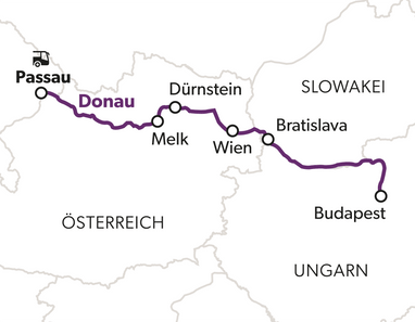 Karte mit Route entlang der Donau von Passau über Wien nach Budapest.