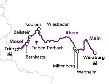 Karte mit Route entlang der Flüsse Mosel, Rhein und Main, Städte markiert.