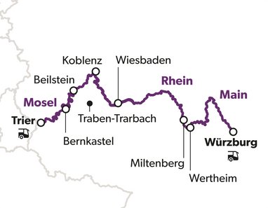 Karte mit Route entlang der Flüsse Mosel, Rhein und Main, Städte markiert.
