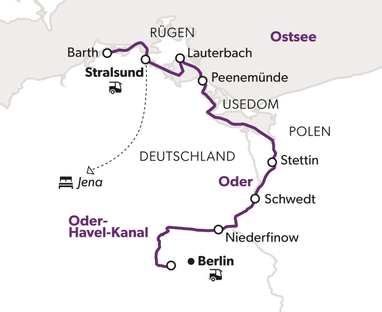 Karte mit Route von Stralsund nach Berlin über Usedom und Polen.