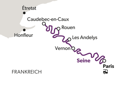 Karte mit Fluss Seine von Paris nach Étretat durch Rouen und Vernon.