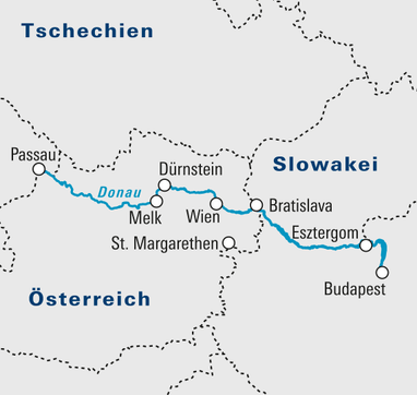 Karte der Donau von Passau nach Budapest, durch Österreich und die Slowakei.