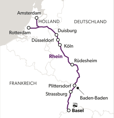 Karte der Route entlang des Rheins von Amsterdam nach Basel.