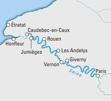 Karte der Seine mit Städten von Paris bis Étretat.