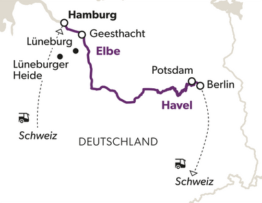 Karte einer Route durch Deutschland mit Städten und Flüssen.