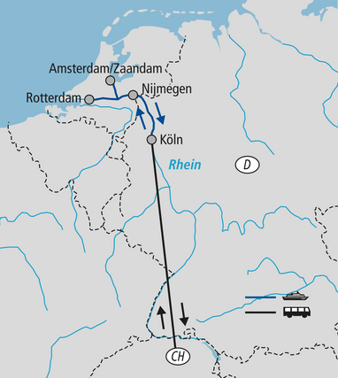 Karte mit Städten in Deutschland und den Niederlanden und markierten Routen.