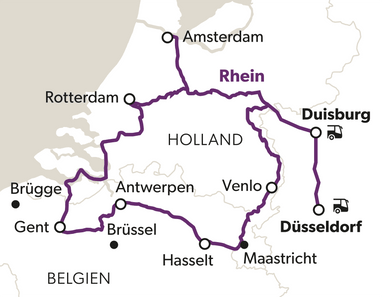 Europäische Landkarte mit Städtenamen und Reiseroute.