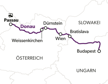 die-donau-alles-blueht-8.jpg Karte von Österreich und Umgebung mit Donau-Radweg von Passau nach Budapest.