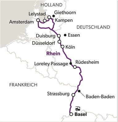 Karte mit einer Reiseroute entlang des Rheins von Holland durch Deutschland bis Basel.