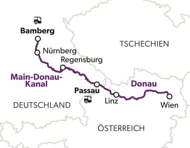 Karte mit einer eingezeichneten Route und Städtenamen entlang eines Kanals.
