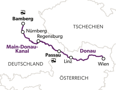 fruehlingsfrisch-donau-und-franken-9.jpg Karte mit einer eingezeichneten Route und Städtenamen entlang eines Kanals.
