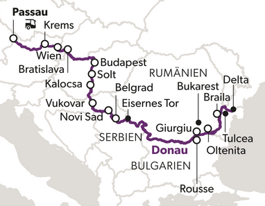 Karte von Donau-Flusslauf mit Städten von Passau bis Delta.