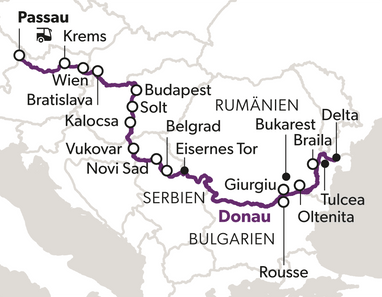 grand-tour-ins-donaudelta-9.png Karte von Donau-Flusslauf mit Städten von Passau bis Delta.