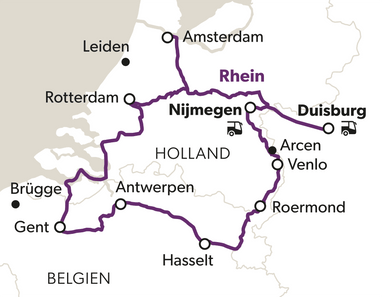 Karte mit einer Reiseroute zwischen Städten in den Niederlanden und Belgien.