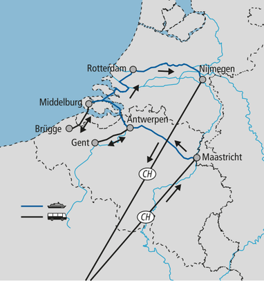 Karte der Benelux-Region mit Städten und Transportlinien.