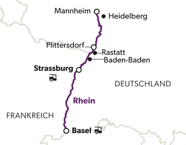 Karte mit markierter Route von Mannheim über Heidelberg nach Basel, durch Deutschland und Frankreich.