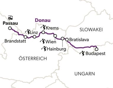 Karte mit einer markierten Route entlang der Donau von Passau bis Budapest.
