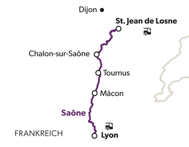 Karte mit Route entlang der Saône von Dijon nach Lyon.
