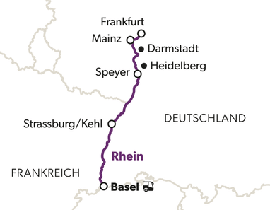 Karte mit Zugroute von Basel nach Frankfurt durch Deutschland.
