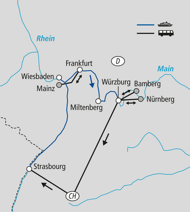 Karte mit Fluss- und Landverkehrsrouten zwischen Städten entlang von Main und Rhein.