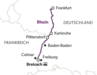 Karte mit violetter Linie, Städte und Ländernamen.