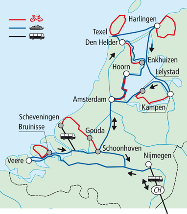 Karte der Niederlande mit Fahrrad- und Autofahrtrouten.
