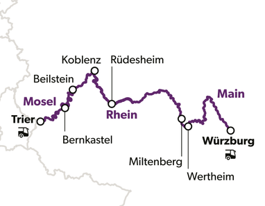 Karte mit Reiseroute entlang der Mosel und des Rheins von Trier nach Würzburg.