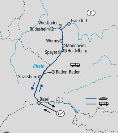 Karte mit Routen von Frankfurt nach Basel über mehrere Städte.