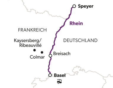 Karte zeigt Flussverlauf des Rheins von Speyer nach Breisach.