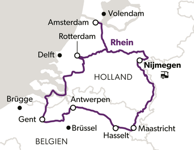 Karte von Holland mit markierten Städten und dem Rhein.