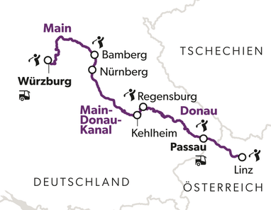 Karte der Main-Donau-Kanal-Route von Würzburg nach Linz.
