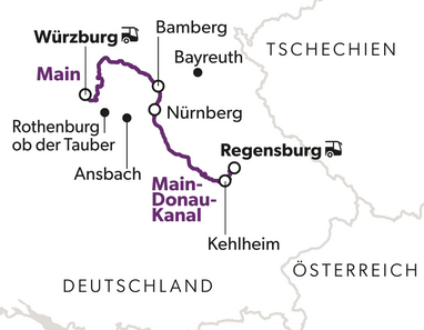 Karte mit einer violetten Linie, die durch Städte in Deutschland führt.